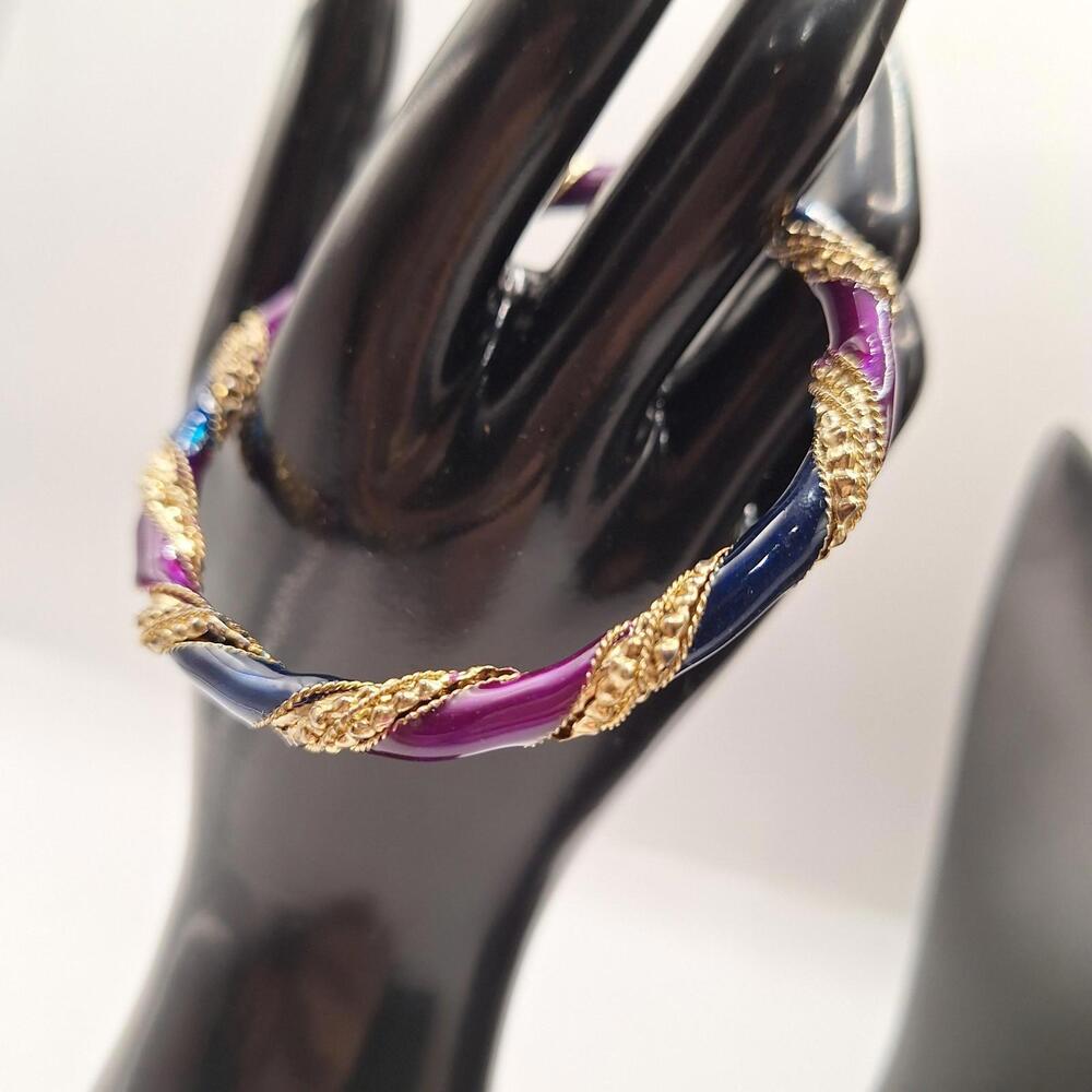 Vintage Multicolor Enamel Bangle Bracelet Gold Tone 7”